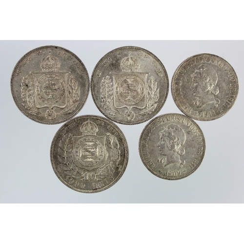 543 - Brazil silver (5) 1000 Reis: 1860 EF, 1865 AU, 1888VF/GVF, 1909 nEF, and 1911 EF.