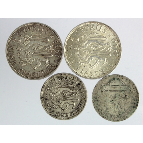 559 - Cyprus (4) silver: 2x Nine Piastres: 1938 GVF & 1940 GEF; 2x 4&1/2 Piastres: 1901 Fair, and 1938 VF.