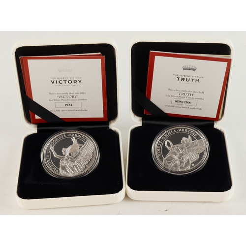 562 - East India Company London (2) silver proof St Helena 1oz coins 2021, The Queen's Virtues: Victory, a... 