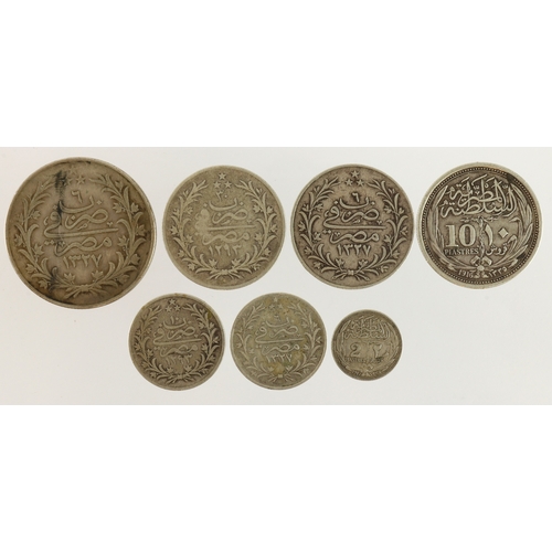 563 - Egypt (7) Ottoman and British Empire silver coins, crown-size to minor, mixed grade.