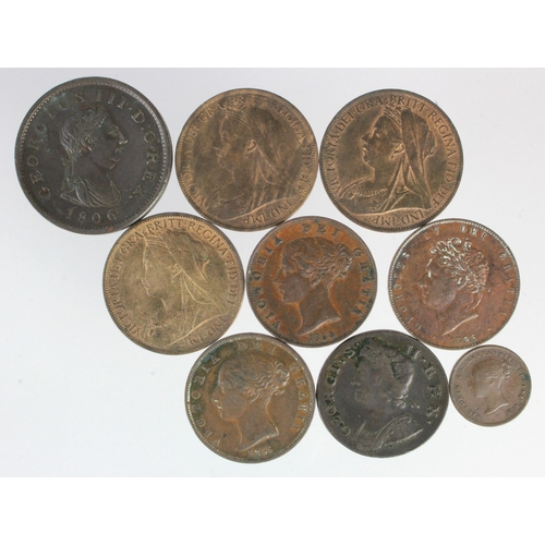 594 - GB Copper & Bronze  (9) 18th-20thC assortment, mixed grade.