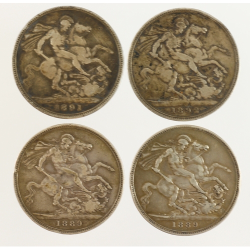 603 - GB Crowns (4) QV Jubilee hd. 1889 x2, 1891 and 1892; F-nVF