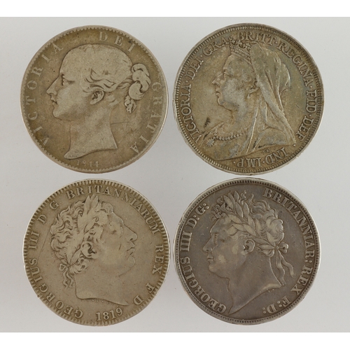 604 - GB Crowns (4): 1819 LIX nF, 1821 Secundo Fine, 1844 cinquefoils VG, and 1895 LIX nVF.