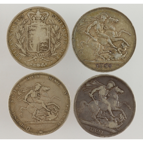 604 - GB Crowns (4): 1819 LIX nF, 1821 Secundo Fine, 1844 cinquefoils VG, and 1895 LIX nVF.