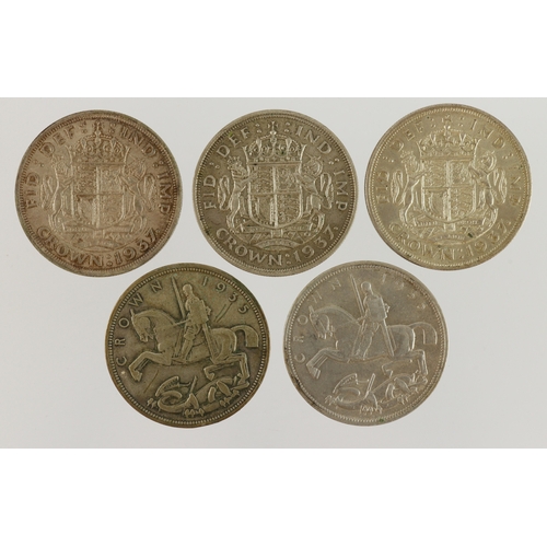 605 - GB Crowns (5): 2x 1935 VF and GEF, and 3x 1937 EF