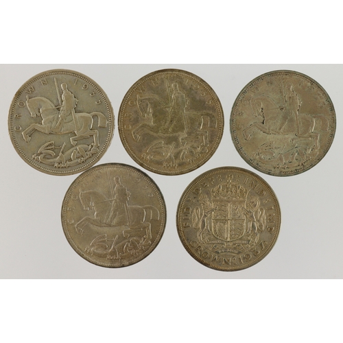 606 - GB Crowns (5): 4x 1935, and 1x 1937; nVF-GEF