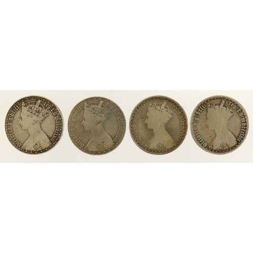 618 - GB Florins (4) QV gothics: 1853, 1857, and 2x 1883, Fair-nF