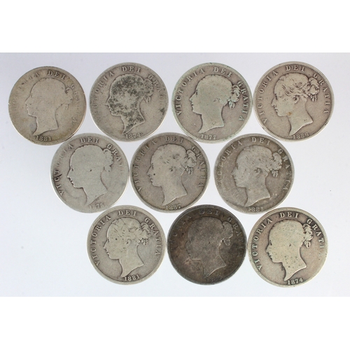 623 - GB Halfcrowns (10) QV young heads 1874 to 1887, from circulation.