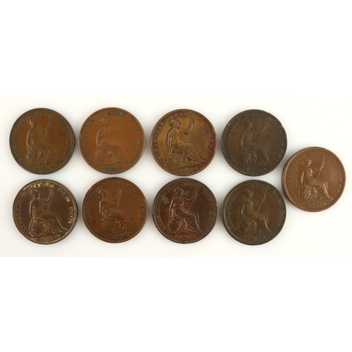 641 - GB Pennies (9) copper George IV - young head Victoria, mixed grade.