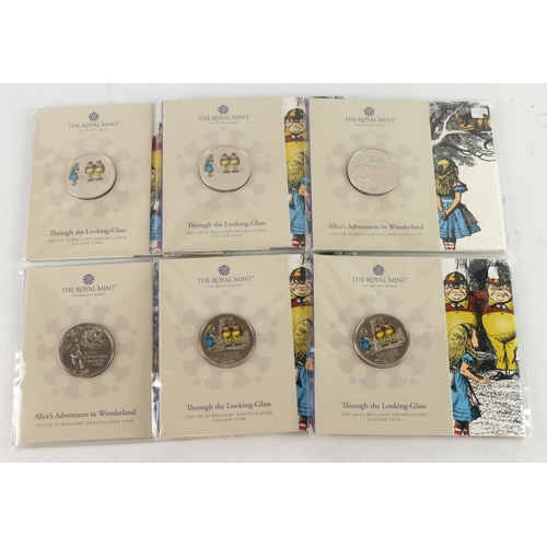 692 - GB Royal Mint Five Pound packs (6) Alices Adventures in Wonderland x2 along with Through the Looking... 