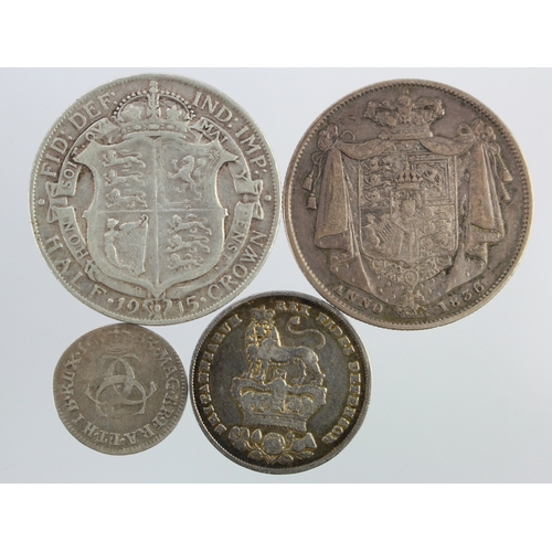 709 - GB Silver (4): Halfcrowns: 1836 nVF, 1915 GF; Shilling 1826 toned GF, and Maundy Threepence 1683 GF.