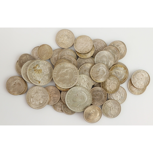 714 - GB Silver Coins (48): 294g of George VI pre-47 in high grade, plus a Shilling 1949 English also in n... 