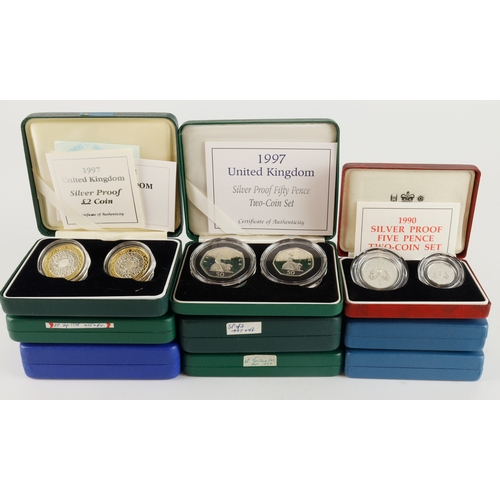 718 - GB Silver Proof boxed issues (9) all two-coin sets. Five Pence 1990, Ten Pence 1992, Fifty Pence 199... 