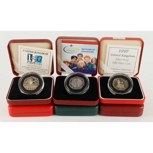 725 - GB Silver Proof Fifty Pences (6) 1997, 1997 Piedfort, 2000 