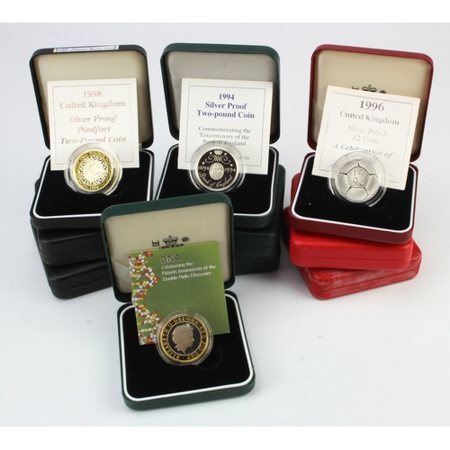 728 - GB Silver Proof Two Pounds (10) Standard 1994, 96, 99. 2001 & 2003 along with Piedforts 1994, 96, 97... 