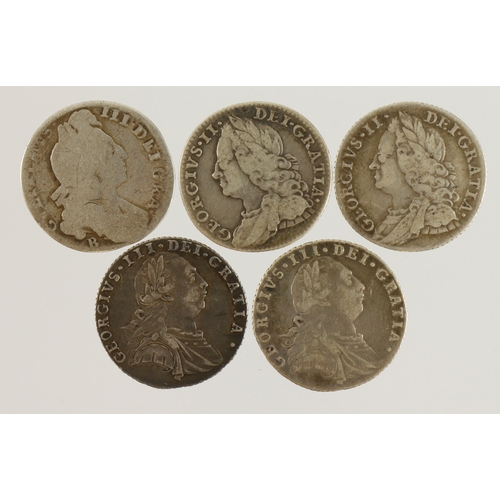 744 - GB Sixpences (5) 17th-18thC assortment, mixed grade.