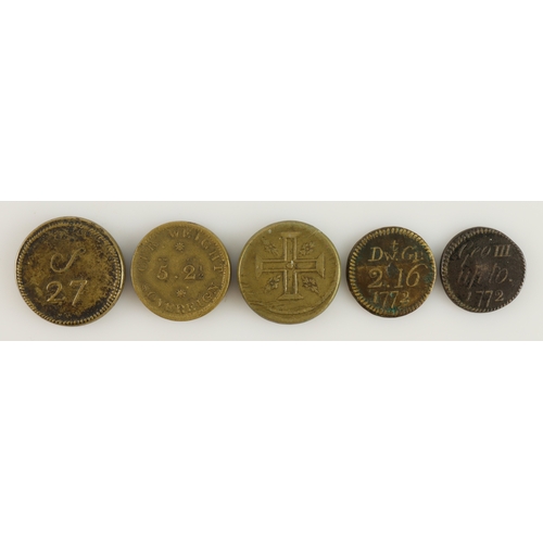 887 - Coin Weights (5) 18th-19thC brass for English and Portuguese standards.