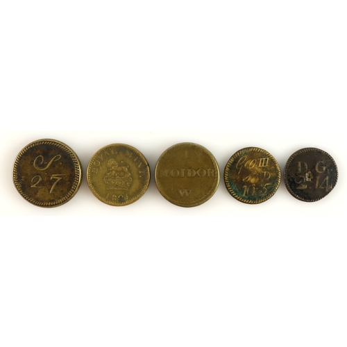 887 - Coin Weights (5) 18th-19thC brass for English and Portuguese standards.