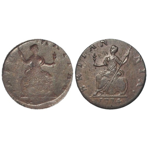 905 - Error Coin: GB Farthing 1774 brockage, reverse into obverse, probably a contemporary forgery.