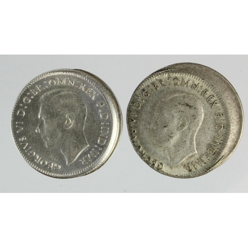 908 - Error Coins (2) Australia, two significantly mis-struck silver Shillings 1946, GVF and EF.