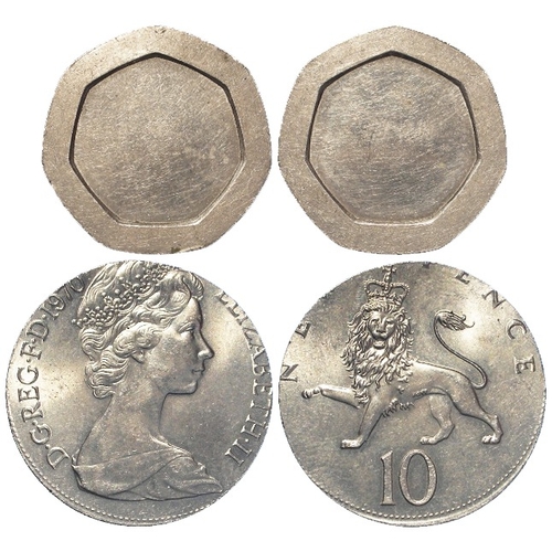 909 - Error Coins (2) UK 20p blank with raised rim but unstruck, along with a 10p 1970 struck on a small l... 