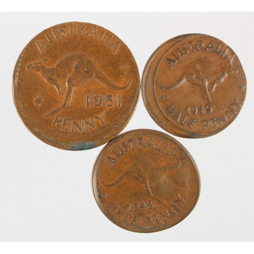 910 - Error Coins (3) Australia, three significantly mis-struck bronze coins: Penny 1951 VF-GVF, some verd... 