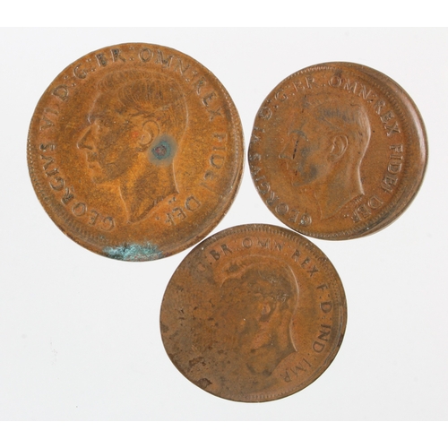 910 - Error Coins (3) Australia, three significantly mis-struck bronze coins: Penny 1951 VF-GVF, some verd... 