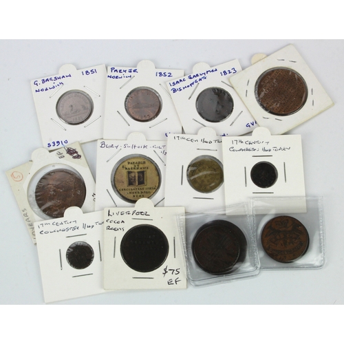 921 - GB Tokens & Medallions (14) a collection including 17th to 19thC tokens, unofficial farthings, a Liv... 