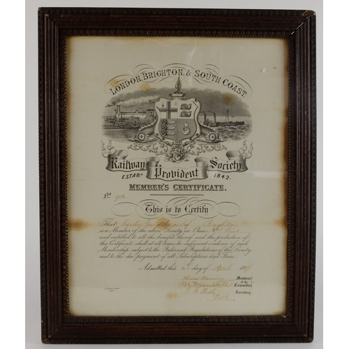 959 - Railway - London, Brighton & South Coast Railway Society framed Members' Certificate named to Corden... 