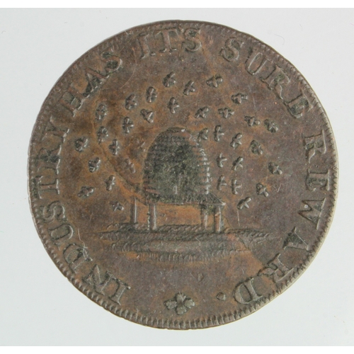 983 - Token, 18thC: Druid head / beehive Halfpenny 1795, edge: CAMBRIDGE BEDFORD AND HUNTINGDON. VF.