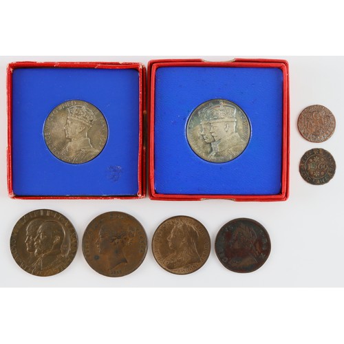 593 - GB Coins, Tokens & Medals (8): Penny 1858 no WW, nVF graffiti rev.; Penny 1901 GEF with lustre; Half... 