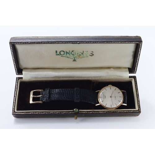 222 - Longines 9ct cased gents manual wind wristwatch, circa 1958. The silvered dial with gilt baton marke... 