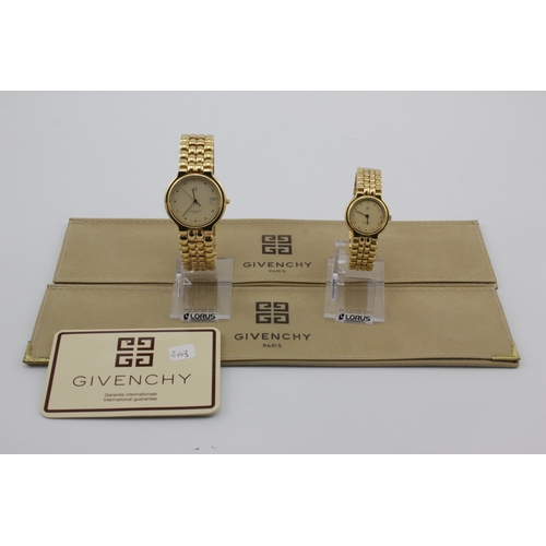 293 - Givenchy. Ladies and Gents gold plated quartz wristwatches, both cream dials with gilt dot markers, ... 