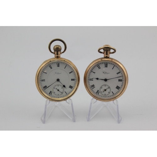 301 - Two gents gold plated open face stem-wind pocket watches by Waltham. Both the white enamel dials wit... 