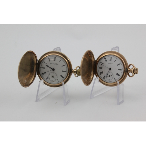 302 - Two gents gold plated full-hunter stem-wind pocket watches by Waltham. Both the white enamel dials w... 