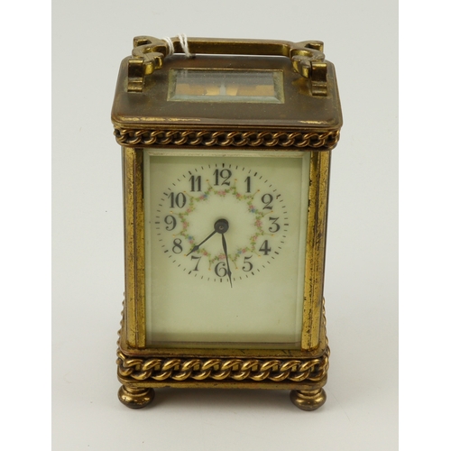 317 - Brass five glass carriage clock, dial with Arabic numerals & floral decoration, height 11.5cm approx... 