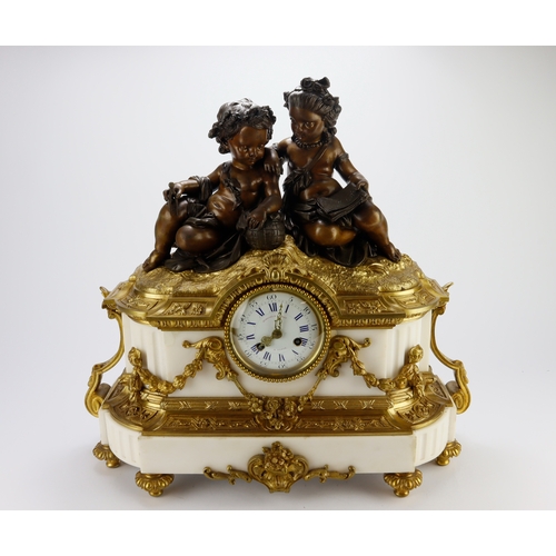 325 - Large alabaster and gilt brass ormolu mantel clock, with two cherubs, white enamel dial with Roman n... 