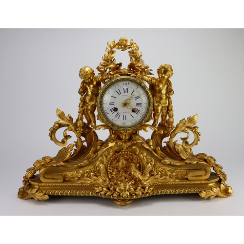 326 - Large gilt brass ormolu mantel clock, white enamel dial with Ram numerals, movement & dial marked 'B... 