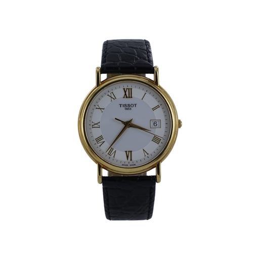 124 - Gents 18ct cased Tissot quartz wristwatch. The white two-tone dial with gilt Roman numerals, date ap... 