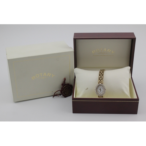 156 - Rotary Elite 9ct cased diamond set ladies quartz wristwatch, purchased 1995. The white dial with bat... 