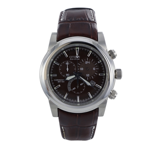 186 - Citizen Eco-Drive WR 100 stainless steel cased gents quartz wristwatch, ref. H500-S049628. The brown... 