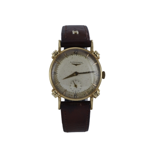 217 - Longines 14ct cased gents manual wind wristwatch, circa 1949. The two-tone silvered dial with Arabic... 