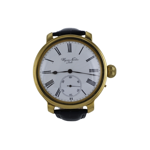 218 - Ulysse Nardin Locle gold plated oversized lever wristwatch. The white enamel dial with Roman numeral... 