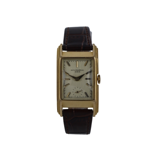 220 - Patek Phillipe 18ct asymmetric gents manual wind wristwatch, ref. 523?, circa 1935/40. The silvered ... 