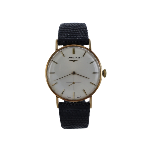 222 - Longines 9ct cased gents manual wind wristwatch, circa 1958. The silvered dial with gilt baton marke... 