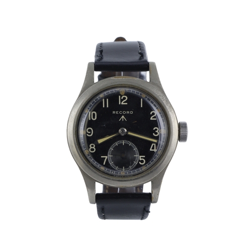 248 - Record British Military issue 'Dirty Dozen' wristwatch. The black dial with white Arabic numerals, b... 