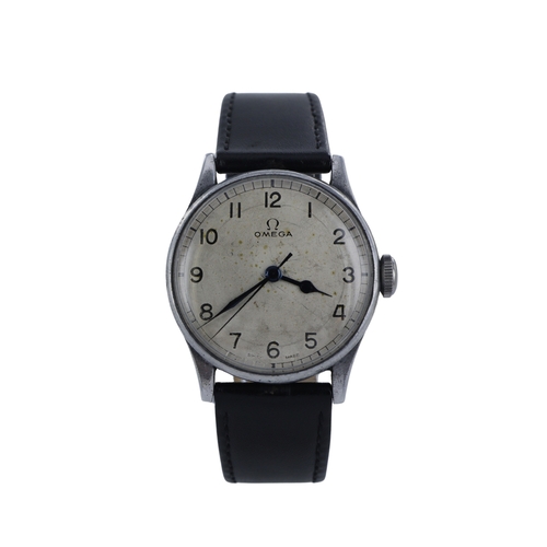 255 - Omega British Military RAF pilots wristwatch, circa 1943. The silvered dial with Arabic numerals and... 