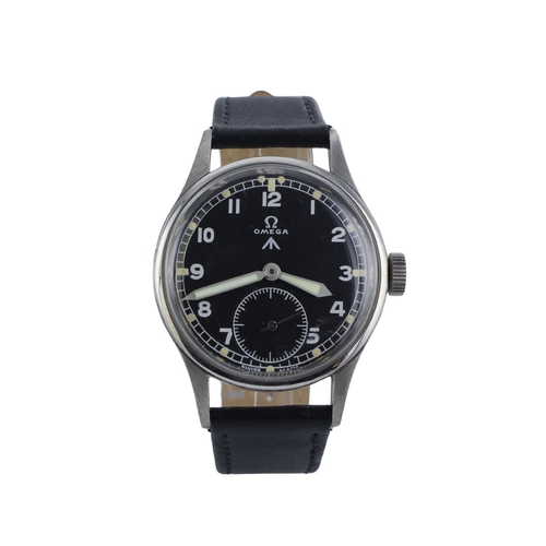 256 - Omega British Military issue 'Dirty Dozen' wristwatch. The black dial with white Arabic numerals, br... 