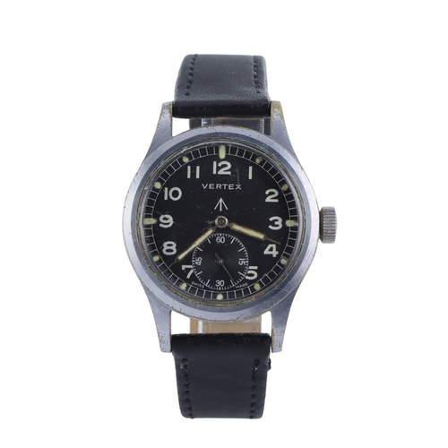 258 - Vertex British Military issue 'Dirty Dozen' wristwatch. The black dial with white Arabic numerals, b... 