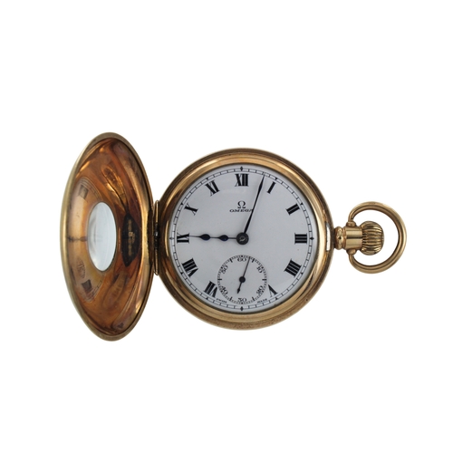 265 - Gents gold plated half hunter stem-wind pocket watch by Omega, circa 1916. The white enamel dial wit... 